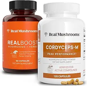 真正的蘑菇 RealBoost(60cm)和Cordyceps(120cm) Capsules Bundle - 关于能源、生命力和耐力的蘑菇补充 - 能源维生素 w/Ginseng, Guayusa - Vegan, Non-GMO