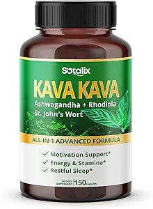 Sotalix Kava Kava 与 Ashwagandha Rhodiola St. John's Wort 混合、能源和平息支持-美国制造和测试(150个数(一包))