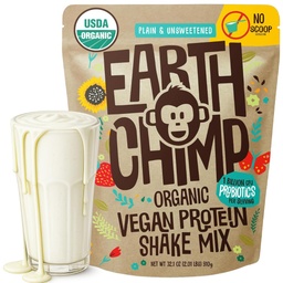 Earth Chimp Organization Vegan蛋白粉 - 配有Probiotics - 非转基因生物,乳品免费,Non Whey, 男女植物蛋白粉,Gluten免费 - 26 service 32 Oz(Plain & Unsweeted) No Scoop