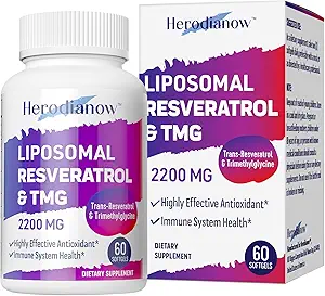 Liposomal Resveratrol 配有 TMG 补编 2200 MG, 99% 纯度 Trans-Resveratrol & Trimeglycine- 抗氧化剂,用于免疫系统,皮肤和整体健康, 60 Softgels (Pack of 1)