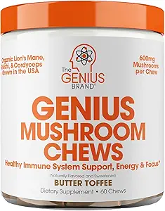 Genius Brand Genius Mushroom - 以植物为基础的Imune,Focus & Energy Support - Lion's Mane, Cordyceps & Reishi - 有机与非GMO - 奶油托菲 - 60 Soft Chews