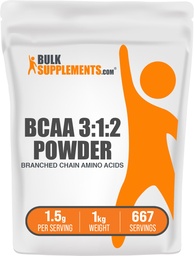 Bulk Assupports.com BCAA 3:1:2 粉末 - BCAA 补充品 分链氨酸 粉末 - 不受味和葡萄酸自由,每服1.5克,1kg(包5) (11磅)