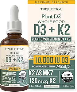 有机植物 D3 + K2 - 10,000 iu - 来自 MenaQ7(120 mcg K2)的全译MK7 100% 有机和植物副语言 D3 滴(Cholecalciferol),100% Vegan - 支持豁免,骨,Mood & Brain(2包)