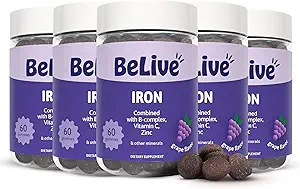 BeLive Iron Gummys - 配有维生素C,A,B & Zinc的多维他命铁补充剂,支持血氧,Vegan女性补充剂,男子和孩子促进增长和发展 - Grape Flavor & 5-Pack