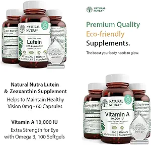Natural Nutra Lutein and Zeaxanthin Supplement Soy Free, 20mg - 60 Capsules and Vitamin A 10,000 IU, 帮助维持健康视野与Omega 3, 100 Gluten Free Softgels