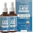 L Methyl Folate 15mg Plus Methyl B12 Cofactor – Organic, Berry Flavor, Professional Strength, Liquid Sublingual, Active 5-MTHF Form - Supports Mood, Homocysteine Methylation, Cognition (1oz -2 Pack)