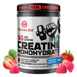 Natures Aid Creatine Monohydrate Gummys (5g) – 工作前能源与肌肉生长支持 男与女 |草莓电解 Gummys (135 Counter)