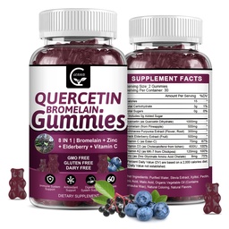 Quercetin Gummys with Bromelain 2378mg - 与长老莓混合,Echinacea Purpurea 提取,锌,维生素C,D3,K2,复合支持免疫,心血管和呼吸,Vegan Gummy for Adult & Kid