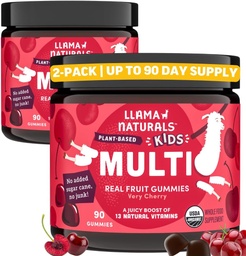 Llama Naturals Kids 多维他命 Gummys, Vegan, 有机与维生素D, C & K, 托德勒 真正的水果 Gummy Vitamins, Chewable Supplement, 全食品 多维他命, 无添加糖蔗, Cherry, 2 Pk