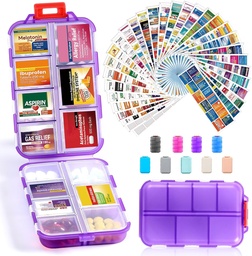 14 Grids 旅行药丸组织者盒,配有415-Pcs 药品名称标签,Pocket Daily Pharkey Case Control, 旅行药剂持有者药剂箱 鱼油维生素补充储存 - 清紫