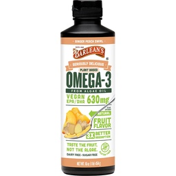 Barlean的姜汁桃子Vegan Omega 3 补充品,液藻油,含630 mg EPA & DHA, Algal Oil的植物基 Omegas, Non-GMO & Gluten Free, 16 oz