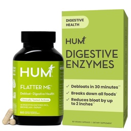 HUM Flatter Me Digestive Enzymes for Women & Menguage, 与姜和辣椒薄荷叶(Ginger & Peppermint Leaf)的消化健康团补充, 快速代理 Anti Bloat Pills 多酶 for Debloating, Vegan, 60 Capsules