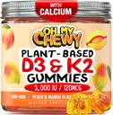 中心-填充维生素 D3 K2 Gummys - 儿童、青少年和成年人-健康牙齿、骨骼、能量和豁免补充 - 5,000 IU D3,120 mcg K2(MK-7),120 mg 钙 - Vegan & Non-GMO - 120 计数