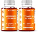 维生素D3 Gummy – 5000 IU Per Gummy – 每瓶60 Gummys – 包装2 (总计120个计数) 棒味 – 支持骨,齿,毛,联合和免疫健康