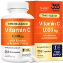 纯综合维生素C 1000mg, 365 Capsules, 12个月供应, 2 阶段定时放出 Ascorbic Acid, Rosehip & Acerola Cherry Bioflavoid, Immune系统支持, Vegan