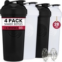 GOMOYO 4-Pack - 28 Ounce 蛋白质摇摆瓶用于混音,4xWire Whisk,Leak Proof Bulk 补充混音和预战摇摆杯,Dishwasher Safe & BPA Free, Black & White