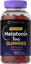 Carlyle Melatonin 1mg Gummys 90 果汁Flavor Gummy 补充 QQ Vegan, Non-GMO, Gluten Free(英语:Gluten Free)