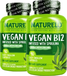 NATURELO Vegan B12 - Methyl B12 with Organic Spirulina - High Potency Vitamin B12 1000 mcg Methylcobalamin - Supports Healthy Mood, Energy, Heart & Eye Health - 90 Capsules (Pack of 2)