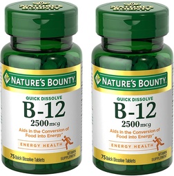 自然丰产维生素B12 2500 mcg,细胞能量支持,用于能源代谢,心脏和神经系统健康,75个快速溶解片(包2)
