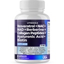 Reveratrol NAD+ 柏伯林 Hyaluronic酸 - Biotin Grape & Blueberry + NAC - Collagen Peptides - 头发,钉子,皮肤和联合补充 - 21 in-1 妇女和男子 - 在美国制造(60个计数(一包))
