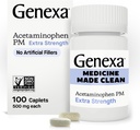 Genexa Clean Acetaminophen PM 500mg Extra 力量,Dye Free Pain Reliver, 夜间睡眠援助, Fever Dreaker, 0% 人工添加剂, 释放头痛, 背痛, 小关节炎疼痛, 100 片