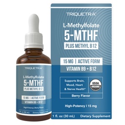 L Methyl Folate 15mg Plus Methyl B12 有机Berry Flavor, 高概率液体亚语言活性5-MTHF形式 - 支持Mood,甲基化,认知 - 生物活性形式 维生素B9和B12(1oz)