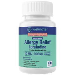 WELMATE - 过敏性缓解 - Loratadine 10 mg - 24小时性缓解安非他明 - 非昏睡 - Runny Nose - 喷嚏 - 鼻喉痒 - 水眼 - 室内和室外过敏性医疗 - 100个计数