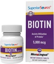 Superior source Biotin 5000 mcg. 在 Tonue 快速溶解的微线性平板石块下, 100 个数, 支持健康头发, 皮肤, 和钉子生长, 帮助支持能量代谢, 非 GMO