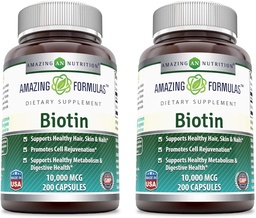 美国制造的Biotin 10000 mcg Veggie Capsules 维生素 B7 补充 | Non-GMO | Gluten Free |(200 count | 2 pack)
