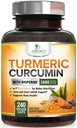 Turmeric Curcumin Supplement 2600mg - 95% Curcuminoids 有机Turmeric & BioPerine Black Pepper 提取物,用于最佳吸收,天然维冈联合支持,非GMO,美国瓶装 - 240 Capsules