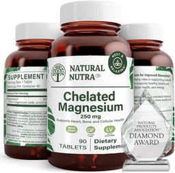 Natural Nutra Chelated Magnesium Oxide 250 mg - 强骨、心脏健康、能量靴、无胶囊、无胶囊、无胶囊、无胶囊90块(3个包装)在BPA-无胶囊中的高吸收量
