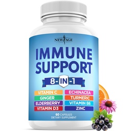 新AGE 8 in 1 Imunal Support Buster Supplement 配有 Echinacea,维生素C和锌50mg,维生素D5000 IU,Turmeric Curcumin & Ginger, B6, 老年莓60 Count (Pack of 1).