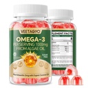 Vegan Omega 3 Gummys 1200mg - 双层 - 鱼油替代品,海洋藻 Omega 3 补充 DHA 600mg, EPA 400mg 配有 Astaxanthin, Sugar Free, 60 Cts