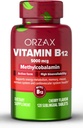 ORZAX 维生素 B12 5000 mcg 甲基Cobalamin 用于记忆、黏液、血液细胞功能、心血管和能量补充剂 - Cherry Flavored - Vegan & Non-GMO - 120分语言片 - 120天供应