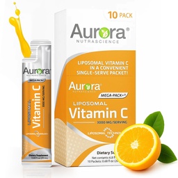 Aurora Nutrascience Mega-Pack Liposomal Vitamin C, 免疫支持, 3,000 mg per service, Vegan, Gluten Free, 非GMO, 10 单服务包, 橙色