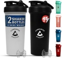 2 Pack 45 oz 蛋白质摇瓶 配有线威斯克 – BPA-无线, 液泡摇瓶杯 配有蛋白质摇瓶和滑块 – 大型塑料混合瓶 – 经典白和午夜黑
