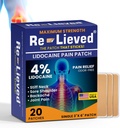 Re-Lieved 4% Lidocaine 补丁 最大强度 - 无铝,水阻力和美国制造 - 超级粘性止痛补丁 快速释放回,关节和肌肉疼痛-3x6英寸(20个计数)