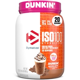 dymatize x Dunkin' Mocha Latte ISO100 Whey蛋白粉,95mg Cafeine,25g of 蛋白质,5.5g BCAAs,120 Cal., Gluten Free, 1g Fat, 1g Sugar, 3g Carb (20 services)