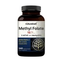 NatureBell Methyl Folate 15mg - 240 Capsules - 5-MTHF 配有甲基B12-15mg L-Methylfolate & 1000mcg 维生素B12 - 能源和认知支持补充 * - 不含葡萄糖和非GMO