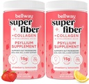 贝尔威超级纤维粉末+Collagen(2Pack),无糖肽胡斯克粉末与Collagen Peptides用于古特健康,健康皮肤,钉子,骨头和联合,草莓柠檬汁(22.92 oz)